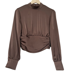 House Of Harlow 1960 Satin Long Sleeve Mock Neck Blouse Mocha Mousse Evening
